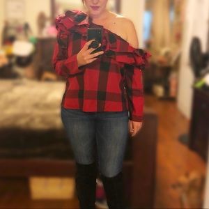 Gresyn Off One Shoulder Ruffle Plaid Checkered Top